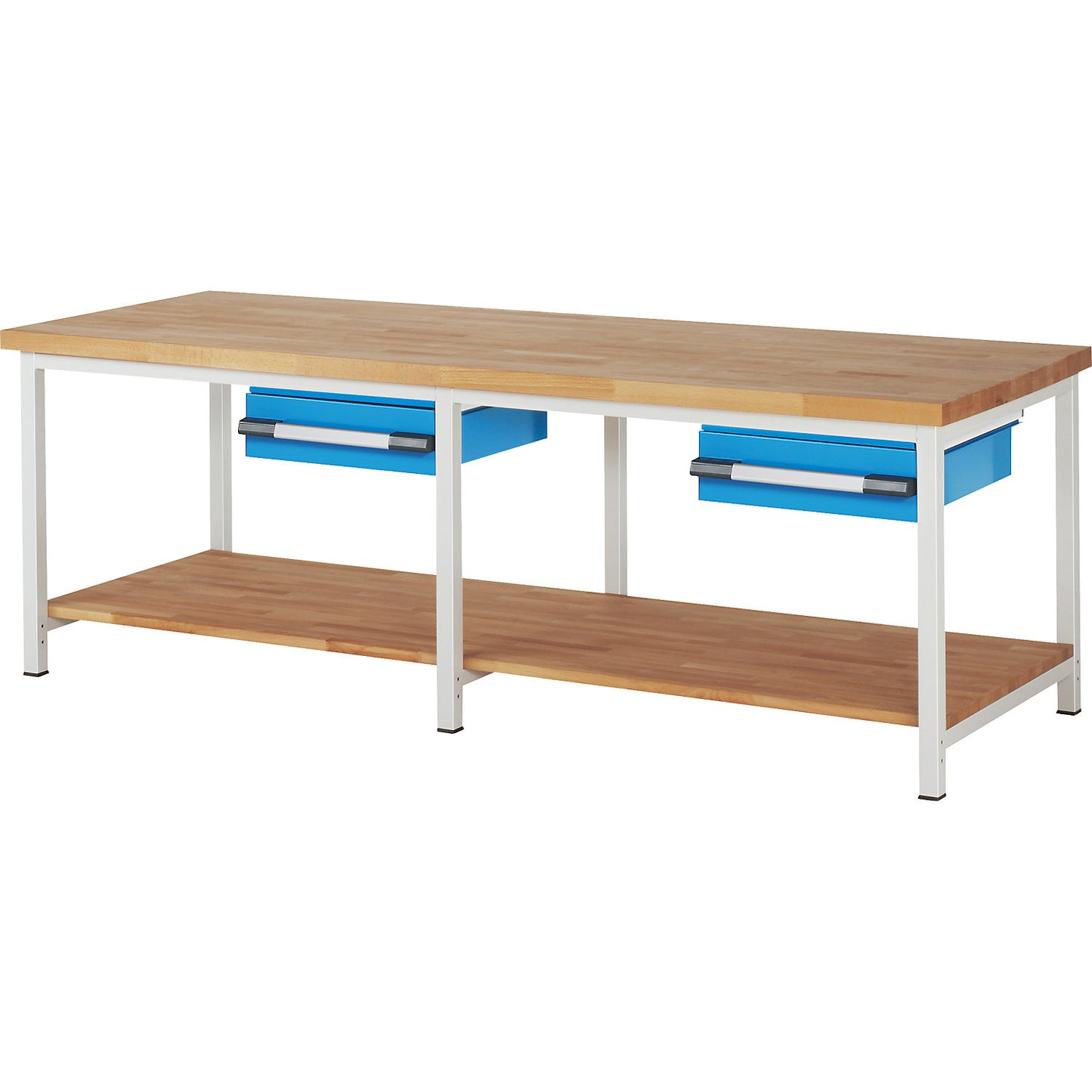 Workbench, Series 8000 frame construction, 2 drawers 150 mm, 2 shelves, WxD 2500 x 900 mm.