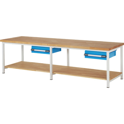 Workbench, Series 8000 frame construction, 2 drawers 150 mm, 2 shelves, WxD 3000 x 900 mm.