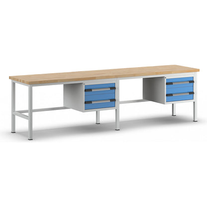 Workbench, Series 8000 frame construction, 4 drawers: 2 x 150, 2 x 210 mm, WxD 3000 x 700 mm.