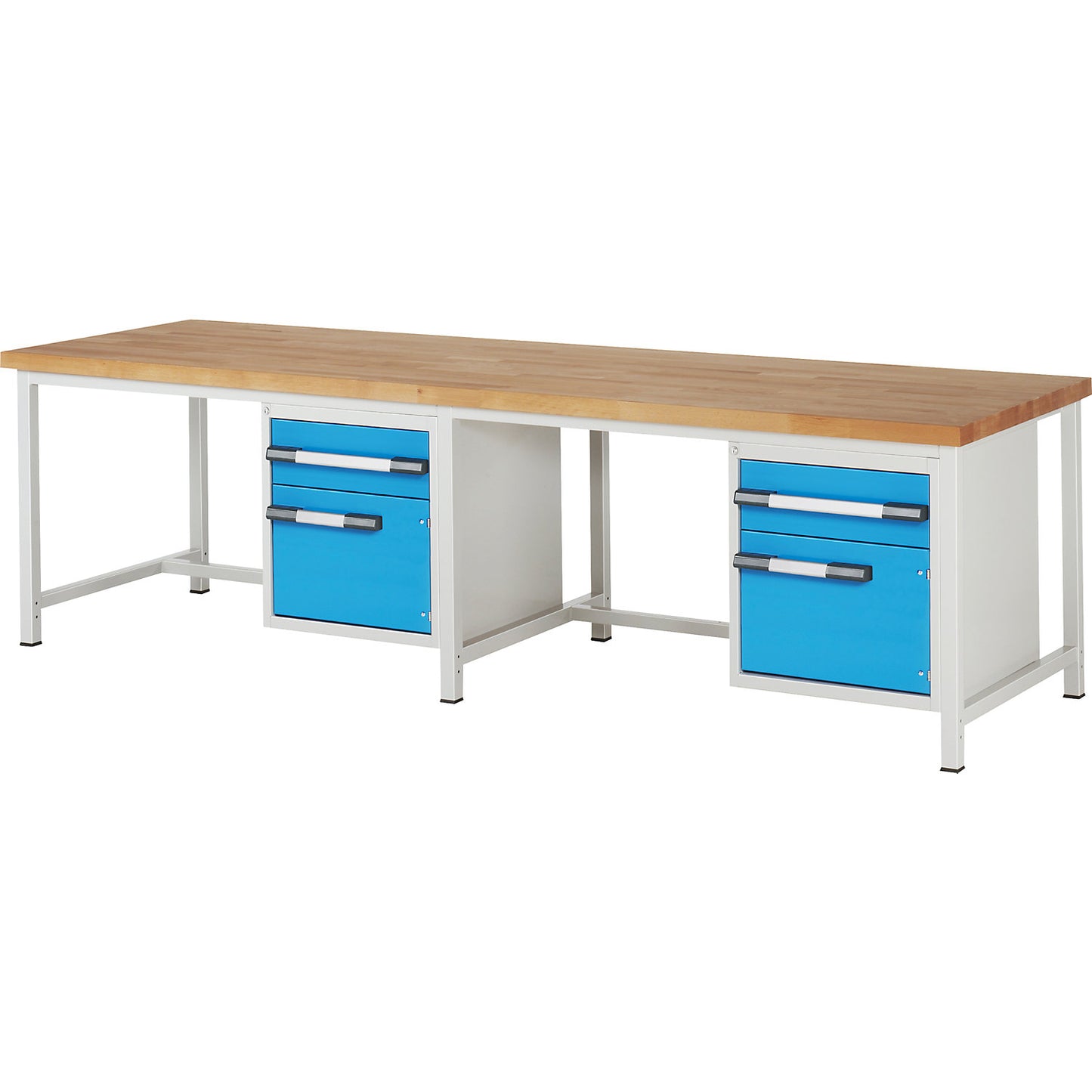 Workbench, Series 8000 frame construction, 2 drawers 180 mm, 2 doors 360 mm, extra wide, WxD 3000 x 900 mm.