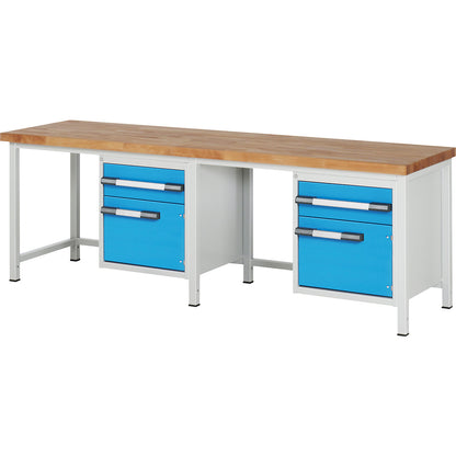 Workbench, Series 8000 frame construction, 2 drawers 180 mm, 2 doors 360 mm, WxD 2500 x 700 mm.