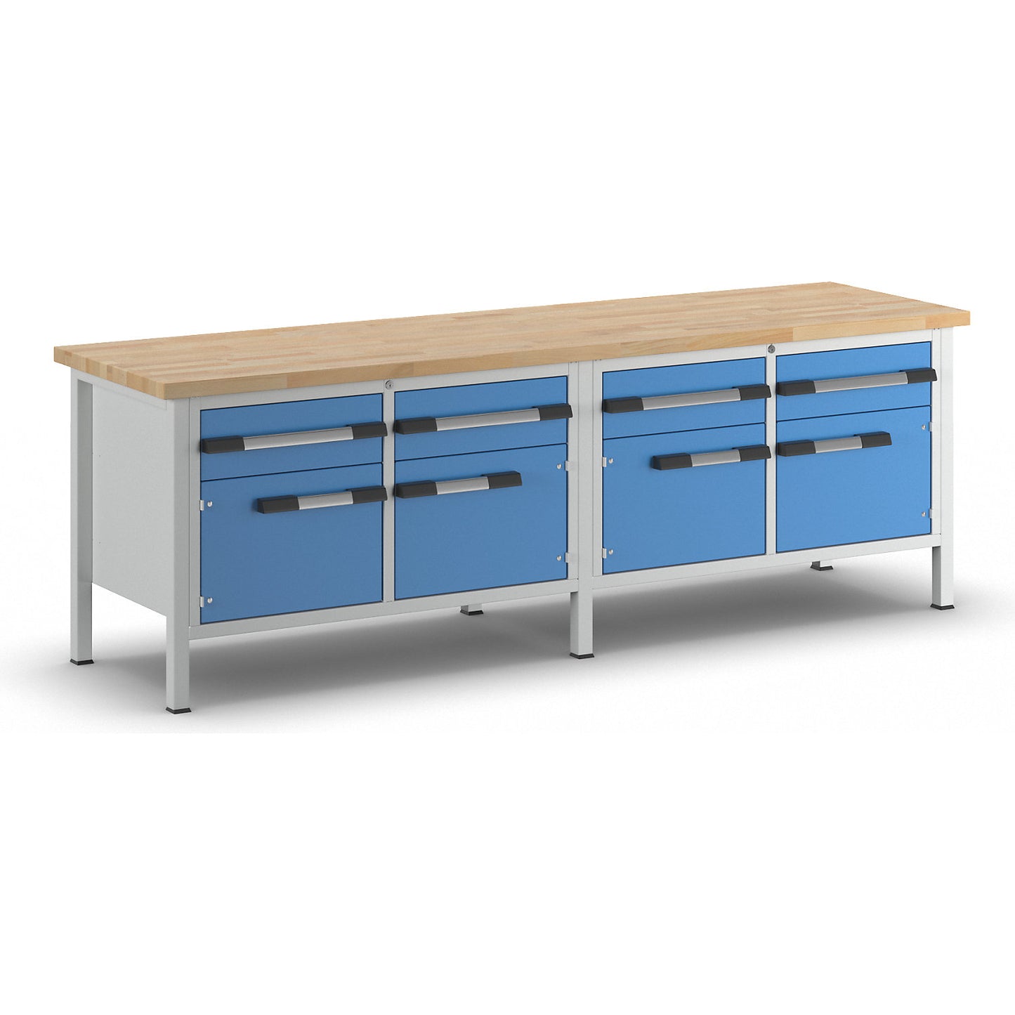 Workbench, Series 8000 frame construction, 4 drawers 180 mm, 4 doors 360 mm, WxD 2500 x 700 mm.
