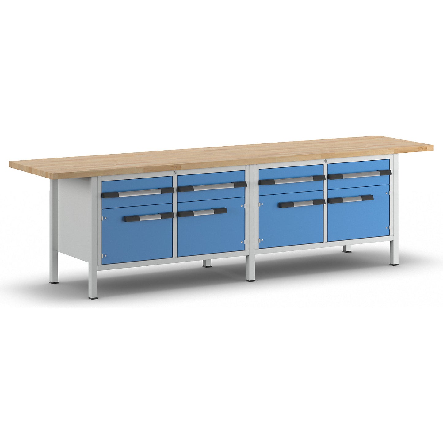 Workbench, Series 8000 frame construction, 4 drawers 180 mm, 4 doors 360 mm, WxD 3000 x 700 mm.