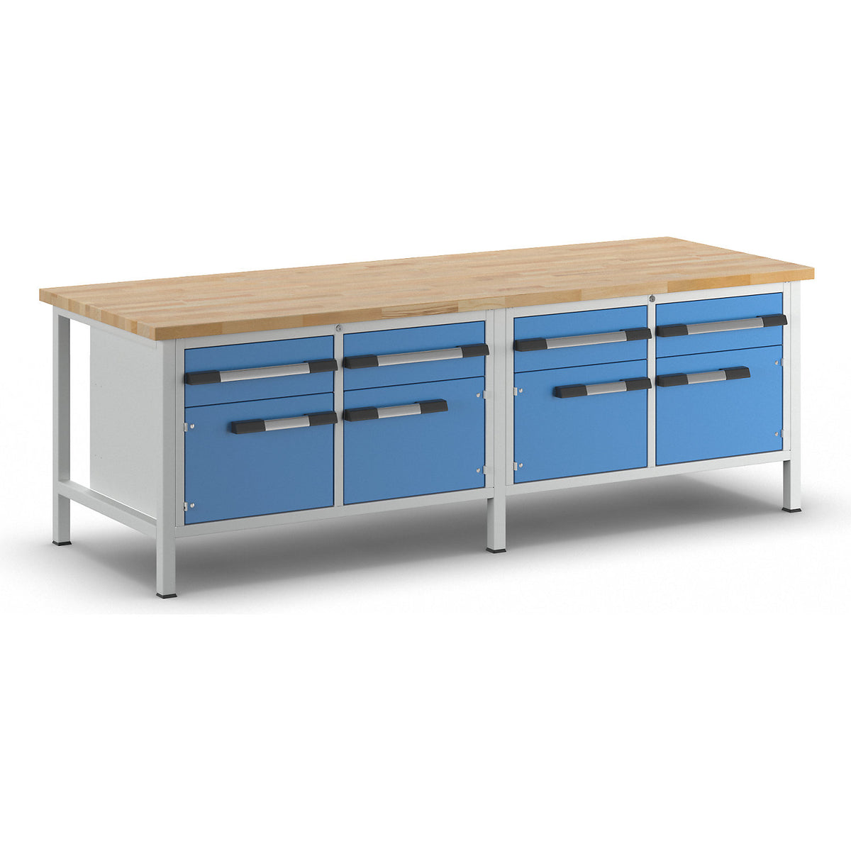 Workbench, Series 8000 frame construction, 4 drawers 180 mm, 4 doors 360 mm, WxD 2500 x 900 mm.