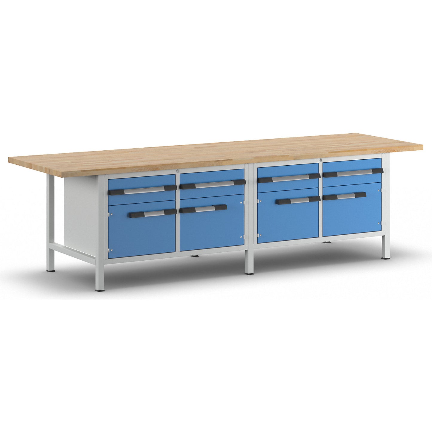 Workbench, Series 8000 frame construction, 4 drawers 180 mm, 4 doors 360 mm, WxD 3000 x 900 mm.