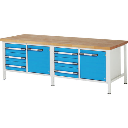 Workbench, Series 8000 frame construction, 6 drawers 180 mm, 2 doors 540 mm, 1 shelf, WxD 2500 x 900 mm.