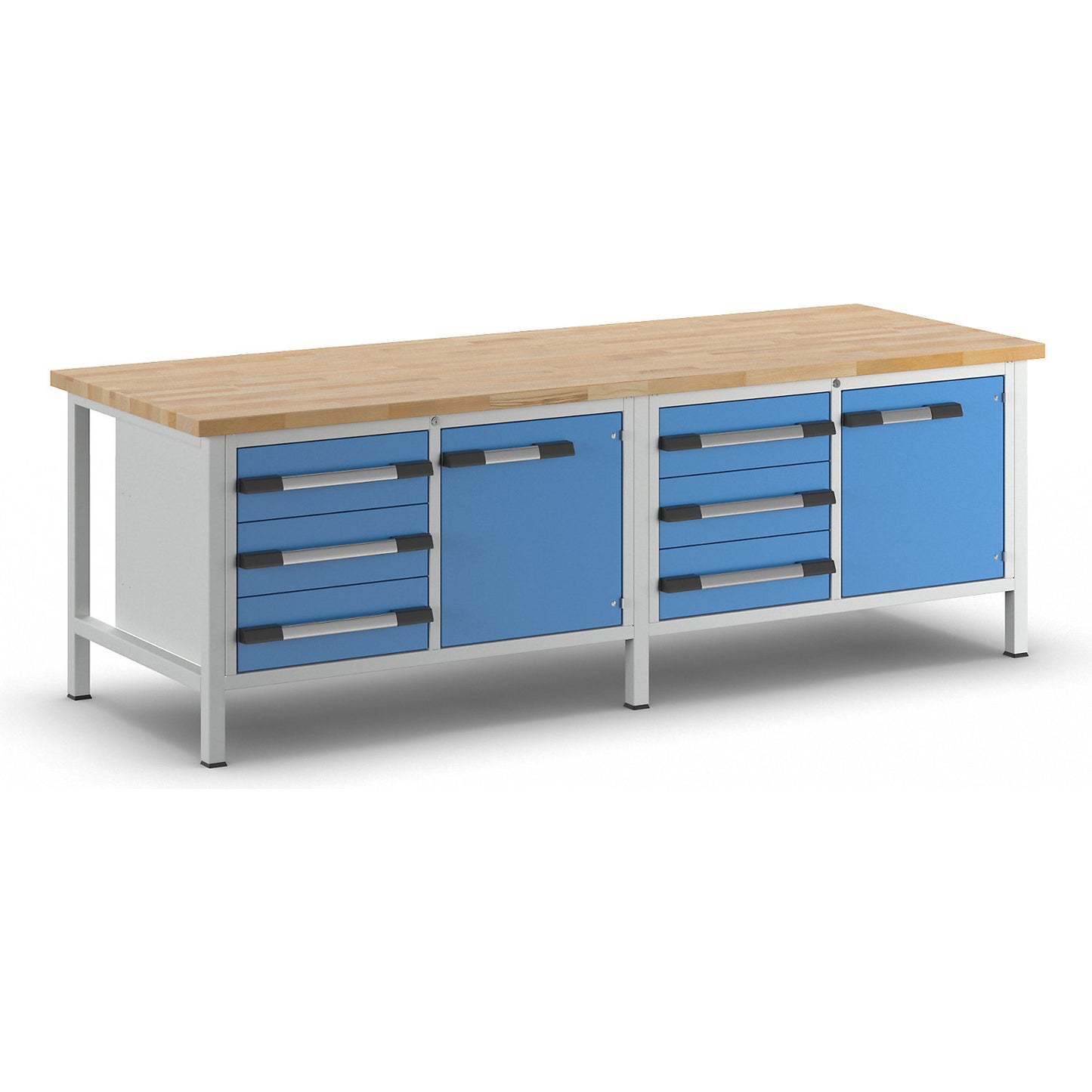 Workbench, Series 8000 frame construction, 6 drawers 180 mm, 2 doors 540 mm, 1 shelf, WxD 2500 x 900 mm.