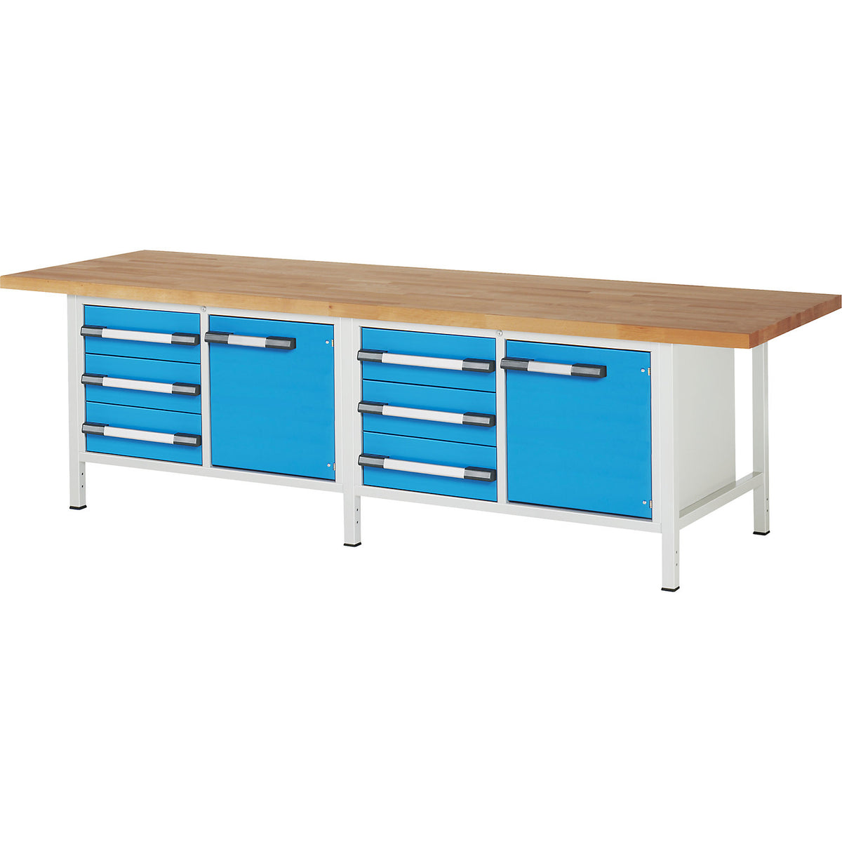 Workbench, Series 8000 frame construction, 6 drawers 180 mm, 2 doors 540 mm, 1 shelf, WxD 3000 x 900 mm.