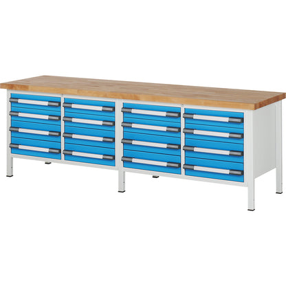 Workbench, Series 8000 frame construction, 16 drawers: 8 x 120, 8 x 150 mm, WxD 2500 x 700 mm.