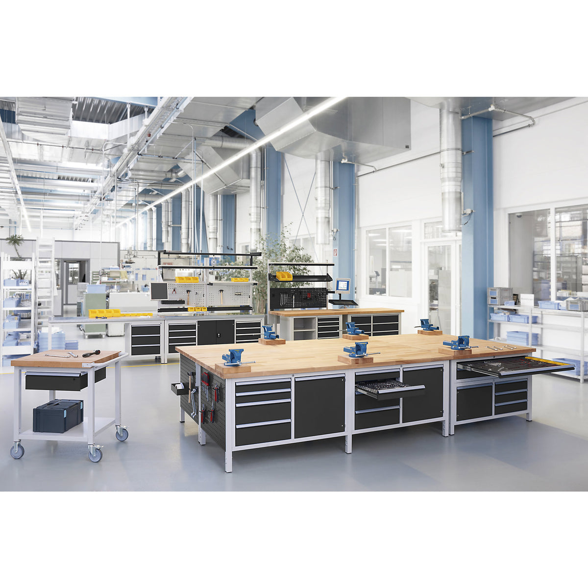 Workbench, Series 8000 frame construction, 4 drawers: 2 x 150, 2 x 210 mm, WxD 2500 x 900 mm.