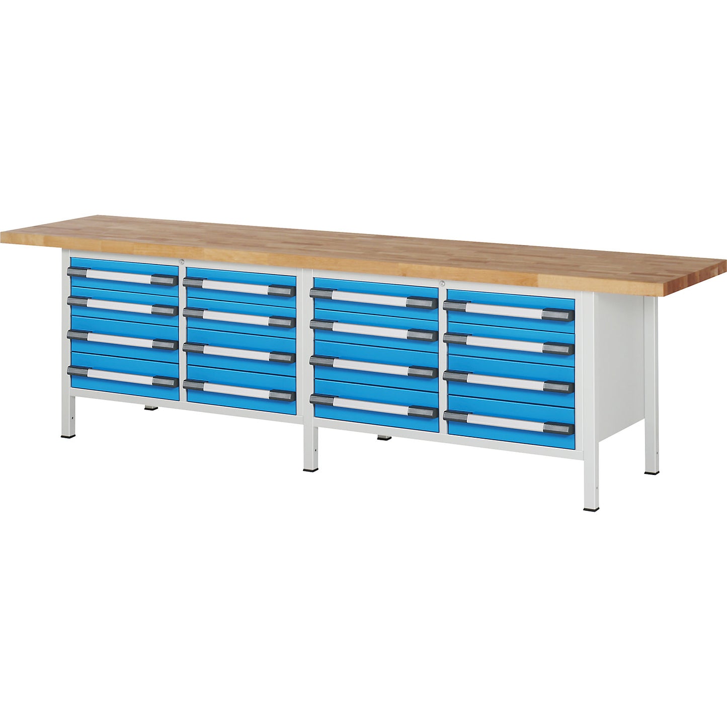 Workbench, Series 8000 frame construction, 16 drawers: 8 x 120, 8 x 150 mm, WxD 3000 x 700 mm.