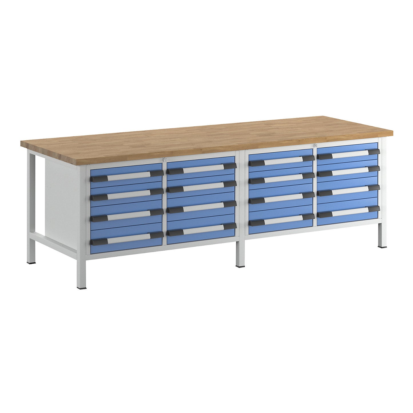 Workbench, Series 8000 frame construction, 16 drawers: 8 x 120, 8 x 150 mm, WxD 2500 x 900 mm.