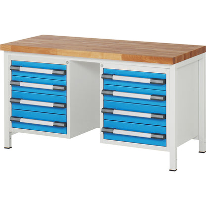 Workbench, Series 8000 frame construction, 8 drawers: 4 x 120, 4 x 150 mm, WxD 1500 x 700 mm.