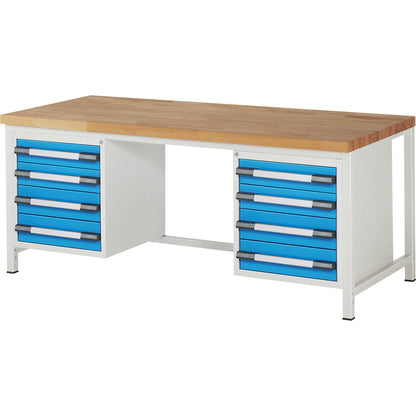 Workbench, Series 8000 frame construction, 8 drawers: 4 x 120, 4 x 150 mm, WxD 2000 x 900 mm.