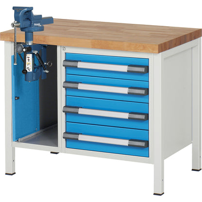 Workbench, Series 8000 frame construction, 4 drawers: 2 x 120, 2 x 150 mm, 1 vice (folding lift), WxD 1000 x 700 mm.
