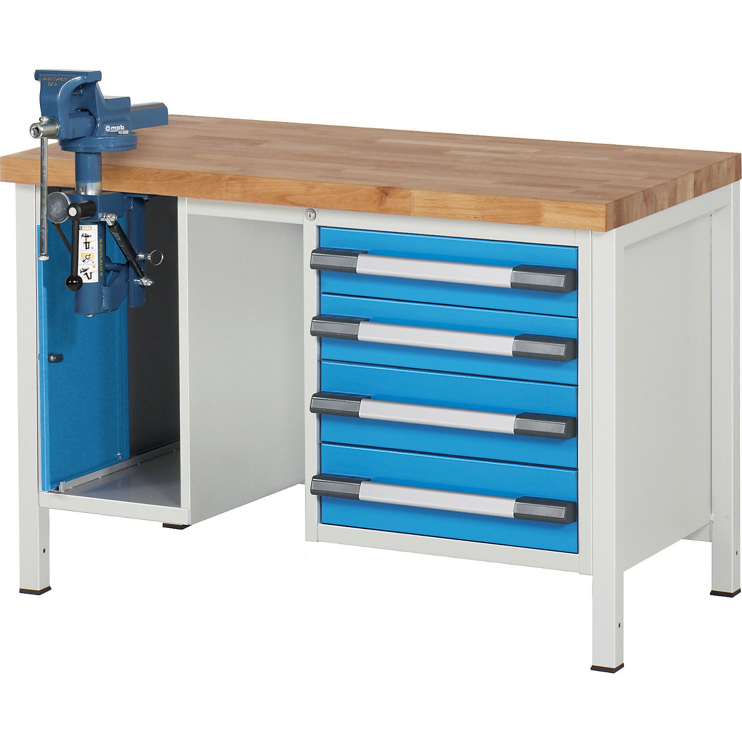 Workbench, Series 8000 frame construction, 4 drawers: 2 x 120, 2 x 150 mm, 1 vice (folding lift), WxD 1250 x 700 mm.