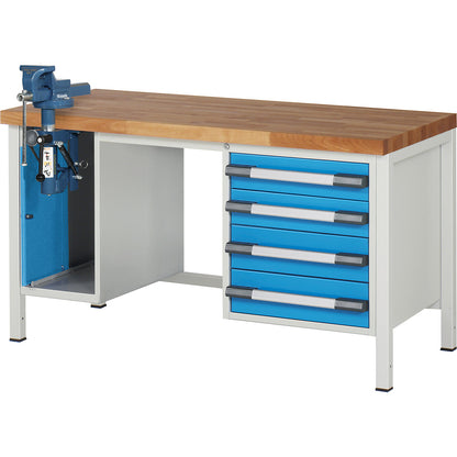 Workbench, Series 8000 frame construction, 4 drawers: 2 x 120, 2 x 150 mm, 1 vice (folding lift), WxD 1500 x 700 mm.