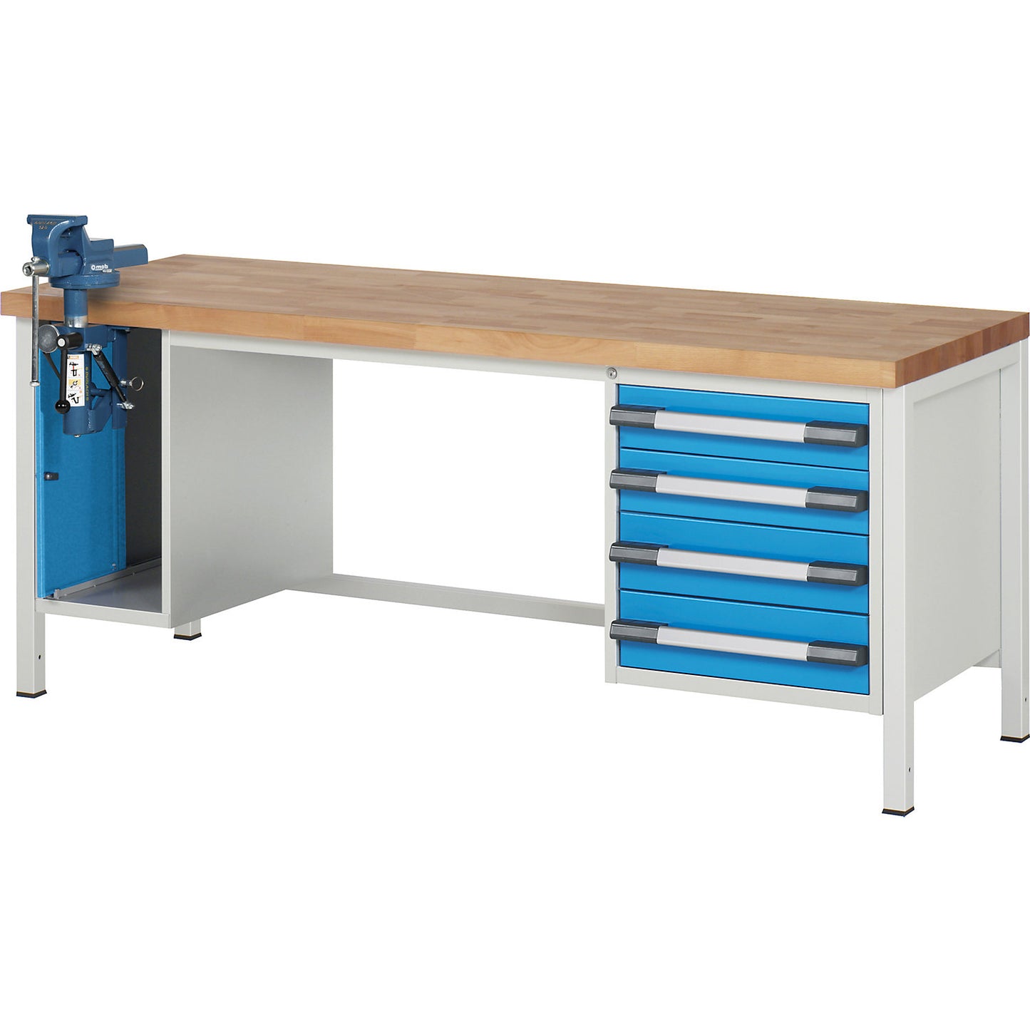 Workbench, Series 8000 frame construction, 4 drawers: 2 x 120, 2 x 150 mm, 1 vice (folding lift), WxD 2000 x 700 mm.