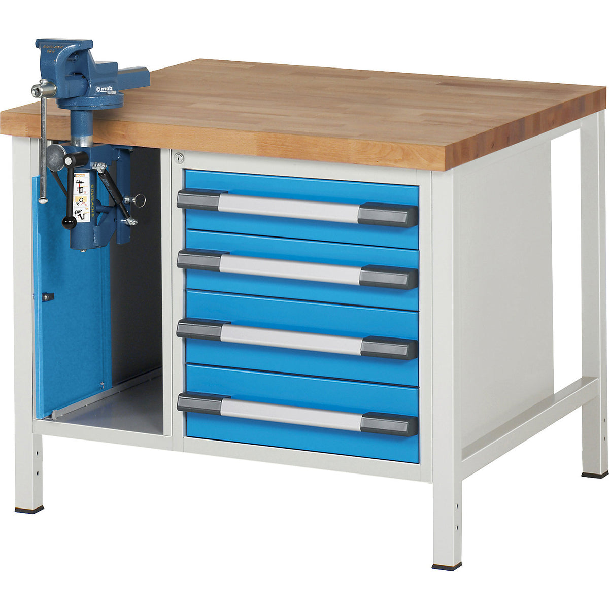 Workbench, Series 8000 frame construction, 4 drawers: 2 x 120, 2 x 150 mm, 1 vice (folding lift), WxD 1000 x 900 mm.