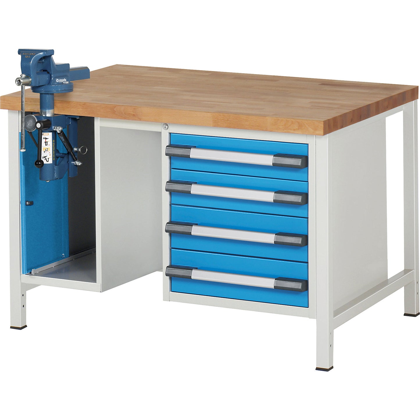 Workbench, Series 8000 frame construction, 4 drawers: 2 x 120, 2 x 150 mm, 1 vice (folding lift), WxD 1250 x 900 mm.