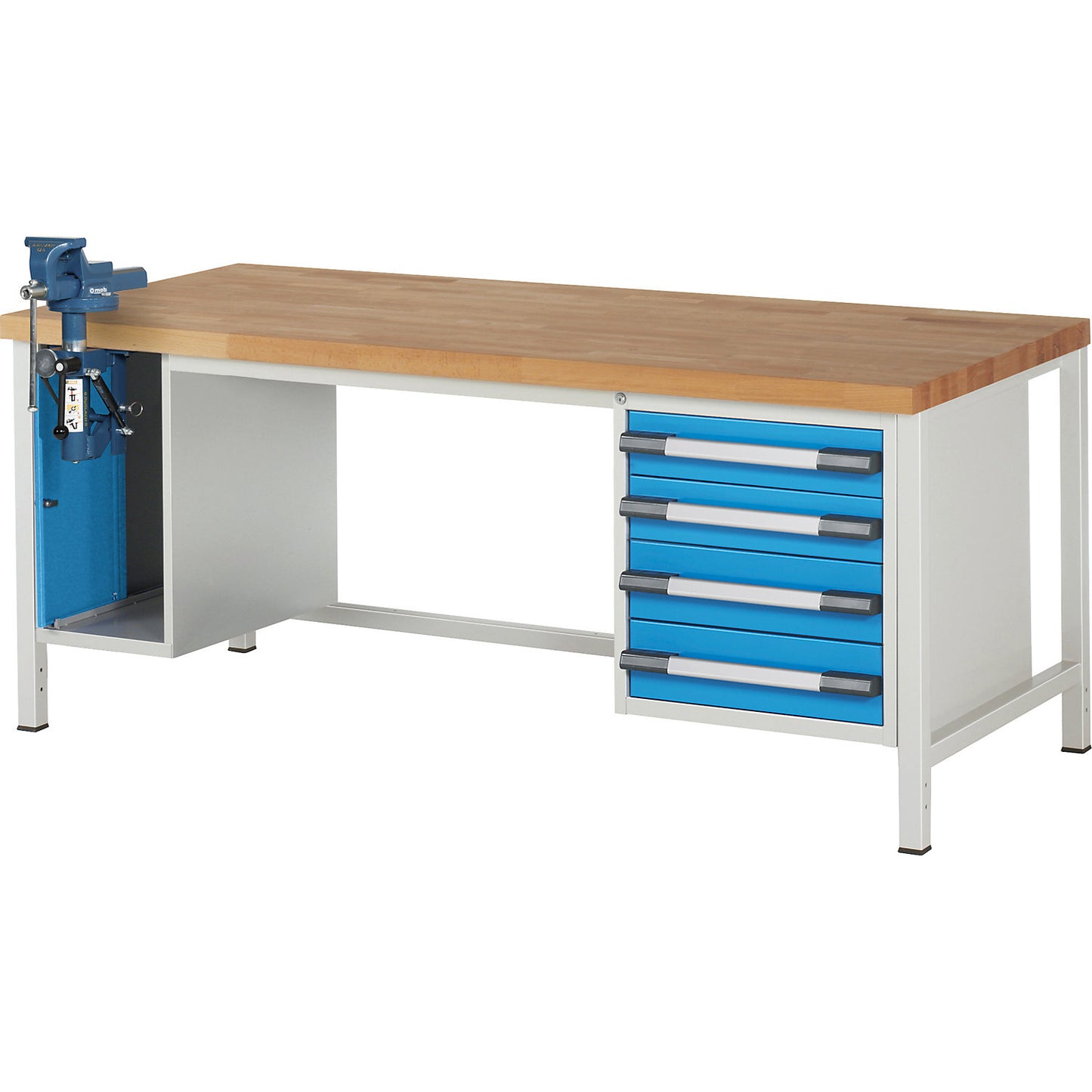 Workbench, Series 8000 frame construction, 4 drawers: 2 x 120, 2 x 150 mm, 1 vice (folding lift), WxD 2000 x 900 mm.