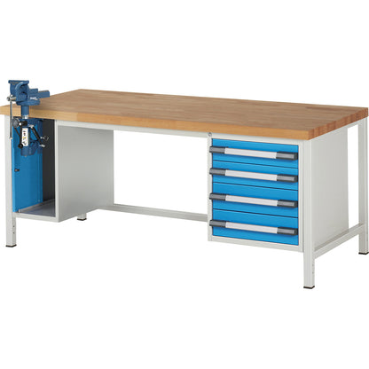 Workbench, Series 8000 frame construction, 4 drawers: 2 x 120, 2 x 150 mm, 1 vice (folding lift), WxD 2000 x 900 mm.