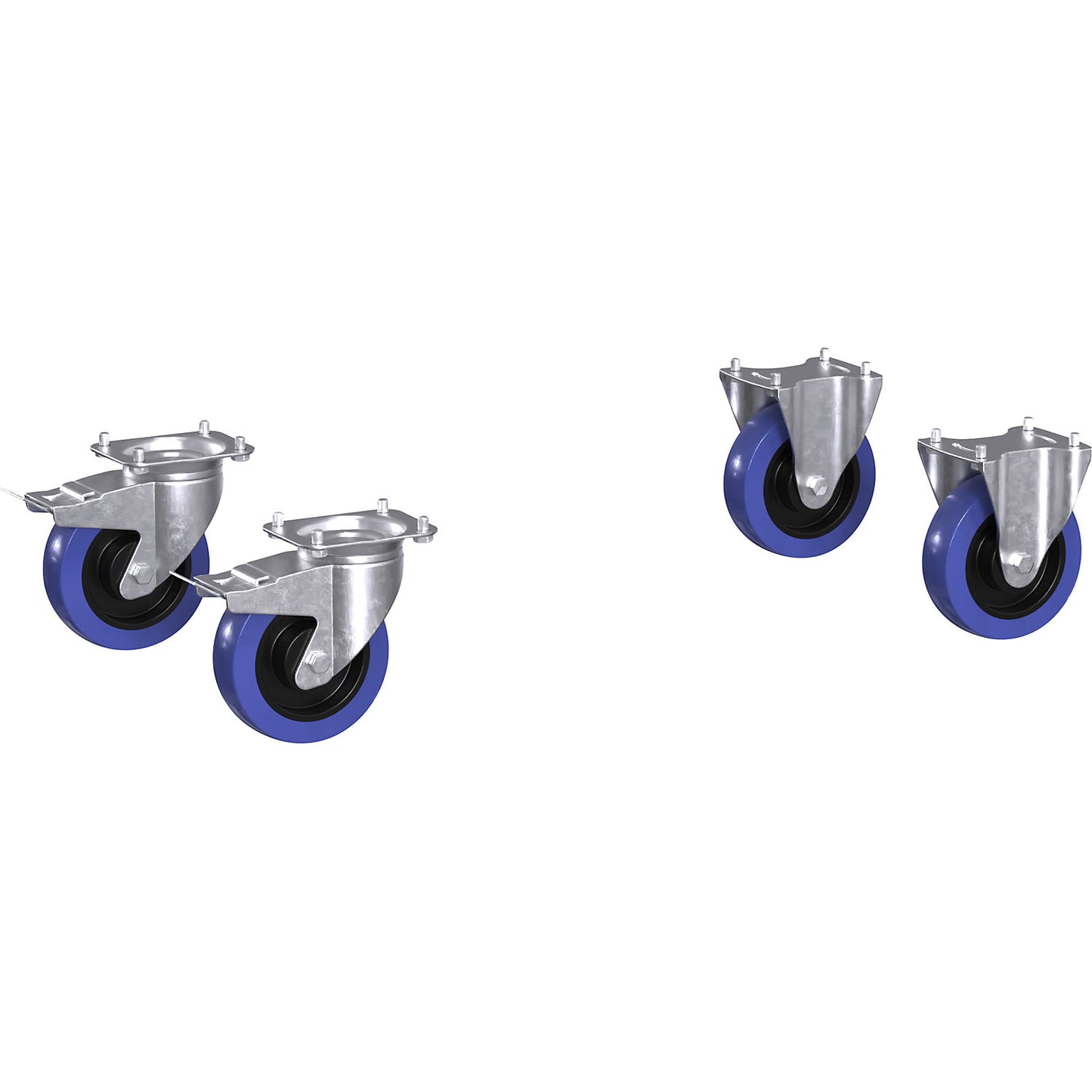 Castor set for CustomLine general purpose trolley, 2 swivel castors with double stops, 2 fixed castors, fully elastic solid rubber Ø 160 mm.