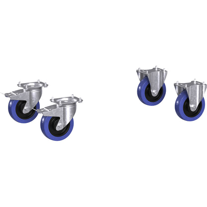 Castor set for CustomLine general purpose trolley, 2 swivel castors with double stops, 2 fixed castors, fully elastic solid rubber Ø 160 mm.