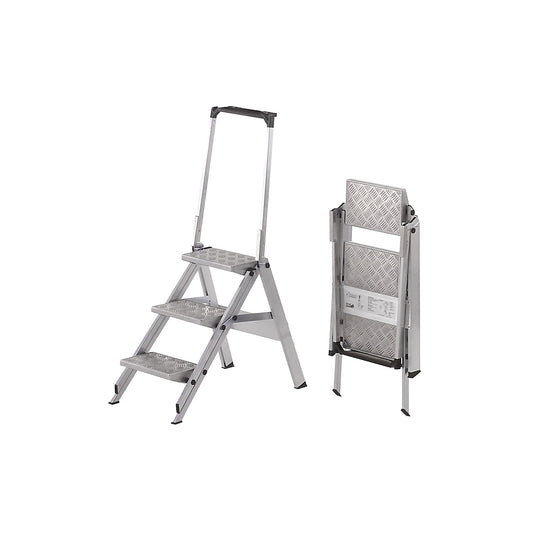Aluminium folding steps, ribbed aluminium steps, with safety rail, 3 steps.