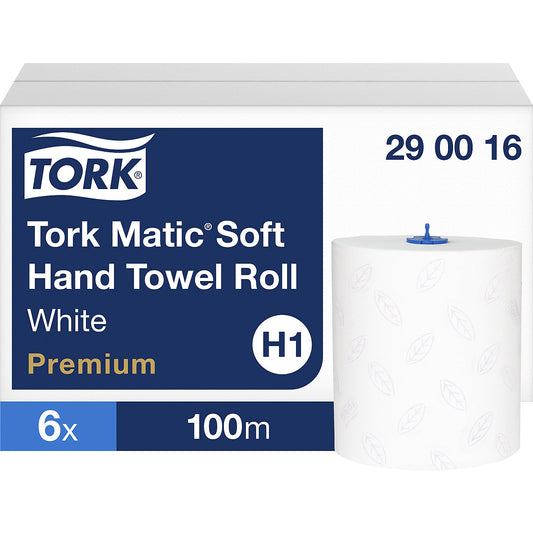 Tork Matic® soft paper towels, pack of 6 rolls, 100 m each, 2-ply.