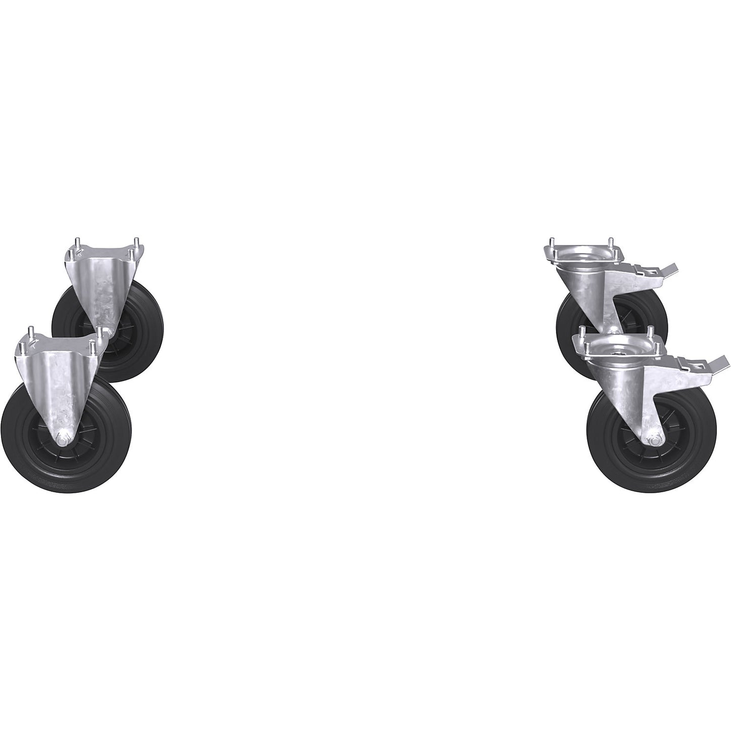 Castor set for CustomLine assembly trolleys / shelf trucks, 2 swivel castors with double stops, 2 fixed castors, solid rubber Ø 200 mm.