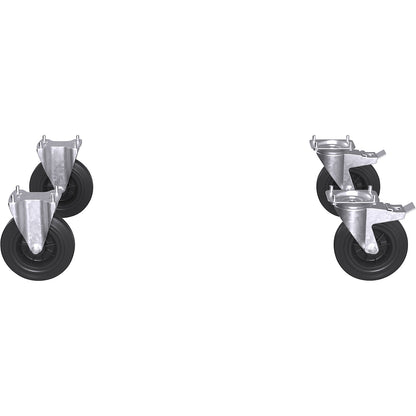 Castor set for CustomLine assembly trolleys / shelf trucks, 2 swivel castors with double stops, 2 fixed castors, solid rubber Ø 200 mm.
