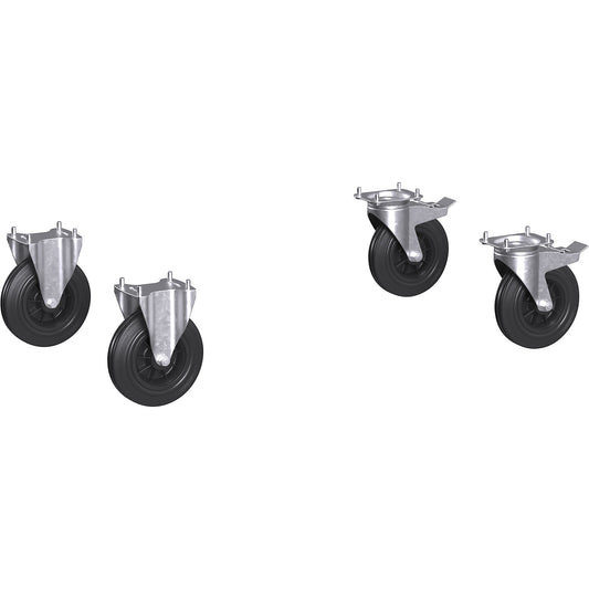 Castor set for CustomLine assembly trolleys / shelf trucks, 2 swivel castors with double stops, 2 fixed castors, solid rubber Ø 200 mm.