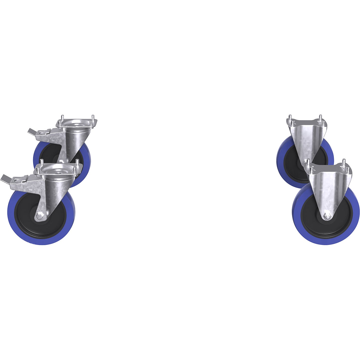 Castor set for CustomLine assembly trolleys / shelf trucks, 2 swivel castors with double stops, 2 fixed castors, fully elastic Ø 200 mm.