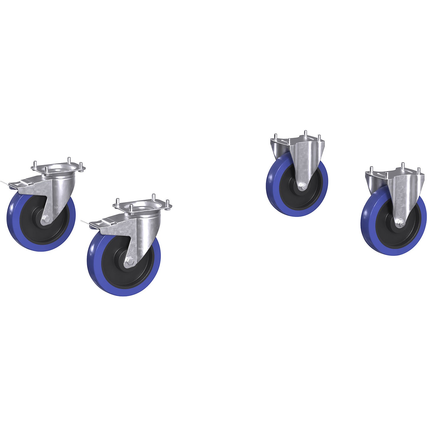 Castor set for CustomLine assembly trolleys / shelf trucks, 2 swivel castors with double stops, 2 fixed castors, fully elastic Ø 200 mm.