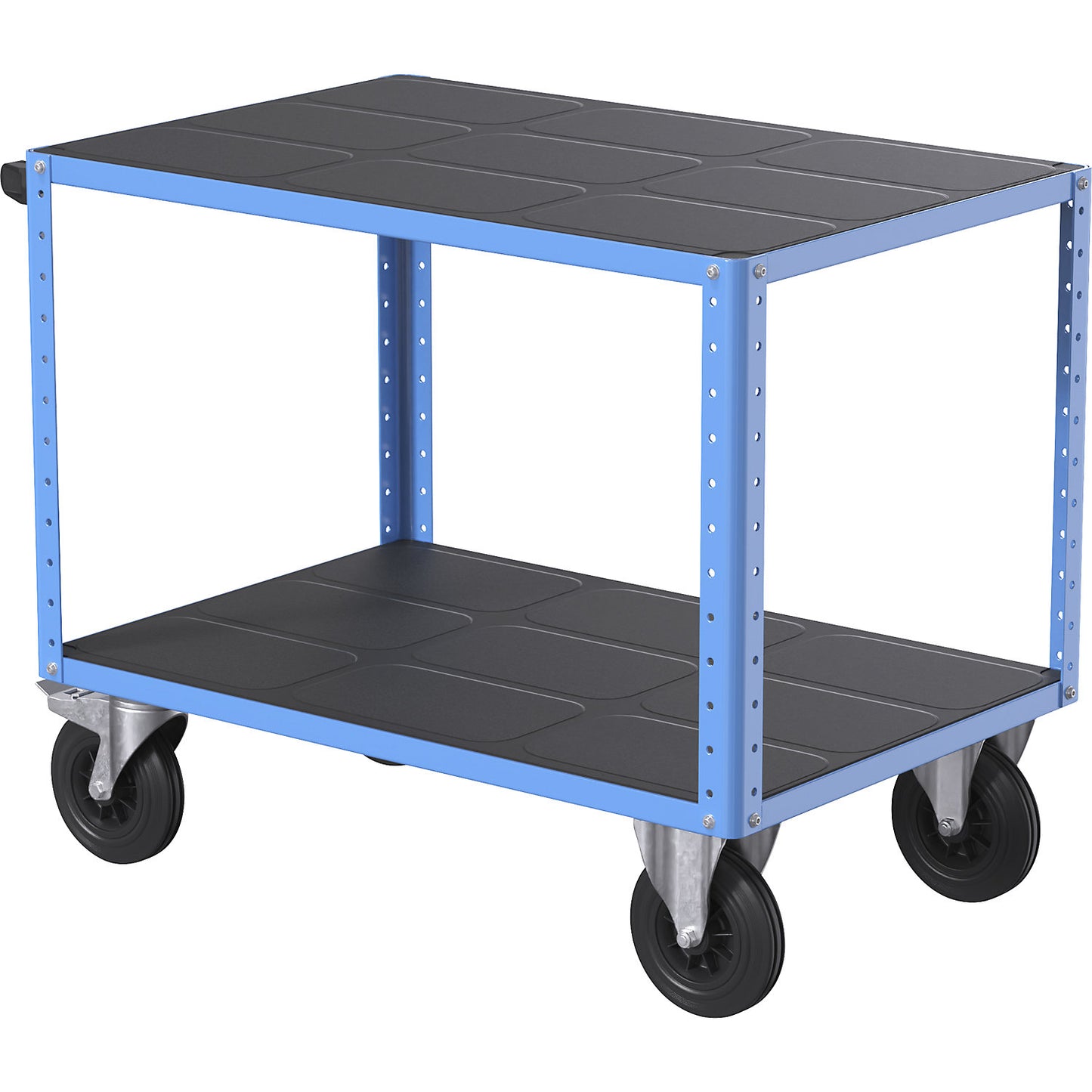 CustomLine assembly trolley, 2 shelves, light blue, solid rubber tyres.