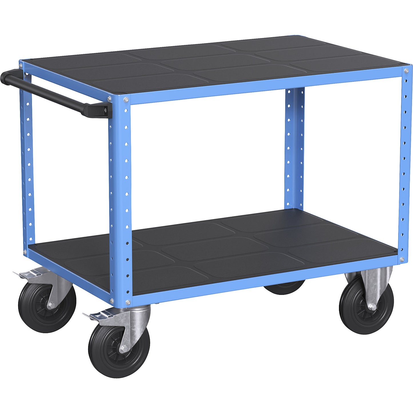 CustomLine assembly trolley, 2 shelves, light blue, solid rubber tyres.