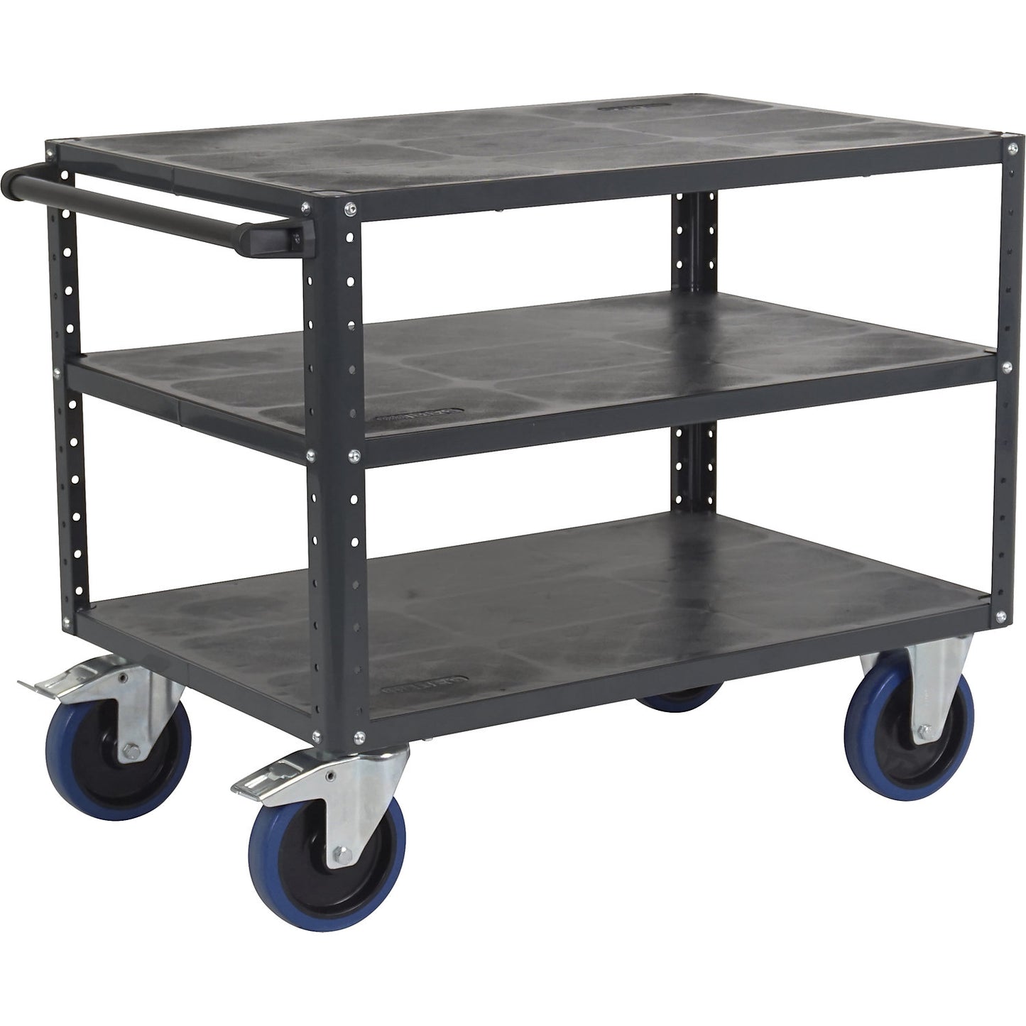 CustomLine assembly trolley, 3 shelves, charcoal, fully elastic tyres.