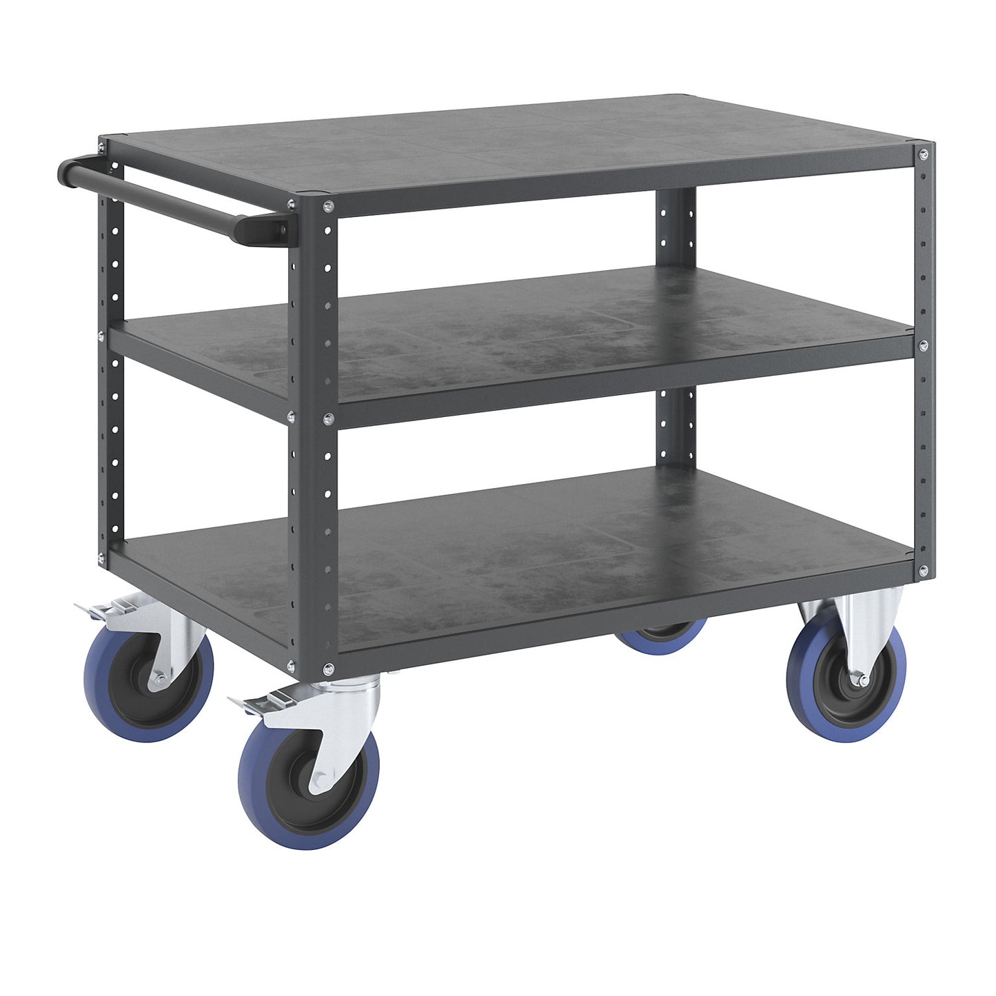 CustomLine assembly trolley, 3 shelves, charcoal, fully elastic tyres.