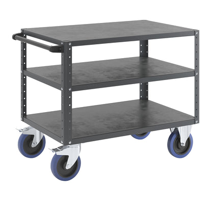 CustomLine assembly trolley, 3 shelves, charcoal, fully elastic tyres.