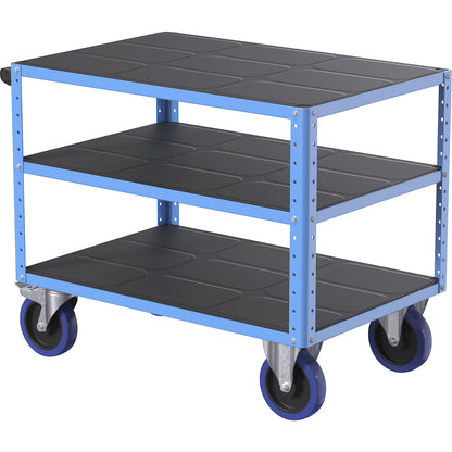CustomLine assembly trolley, 3 shelves, light blue, fully elastic tyres.