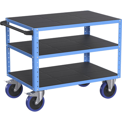 CustomLine assembly trolley, 3 shelves, light blue, fully elastic tyres.