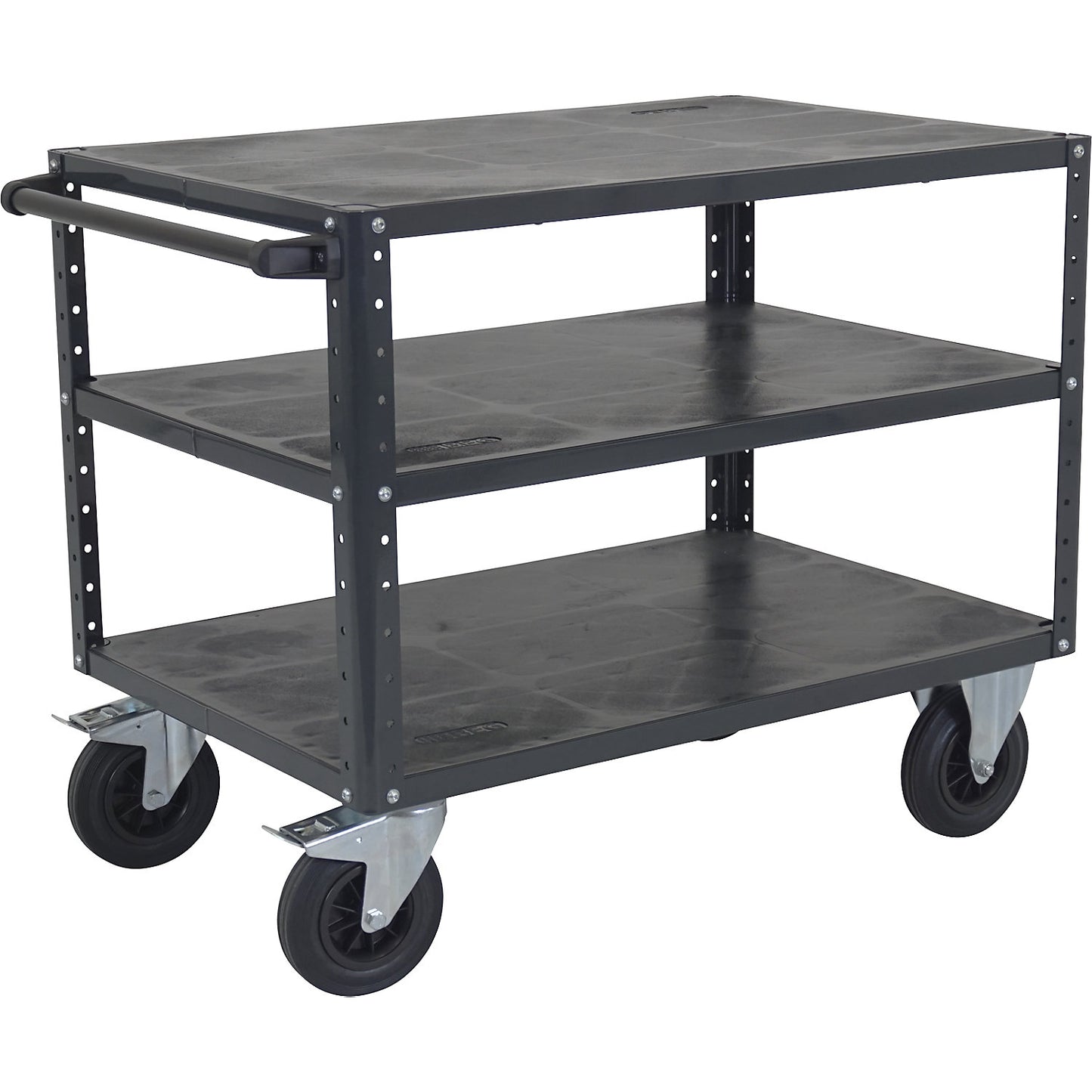 CustomLine assembly trolley, 3 shelves, charcoal, solid rubber tyres.