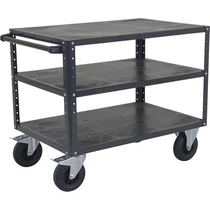 CustomLine assembly trolley, 3 shelves, charcoal, solid rubber tyres.