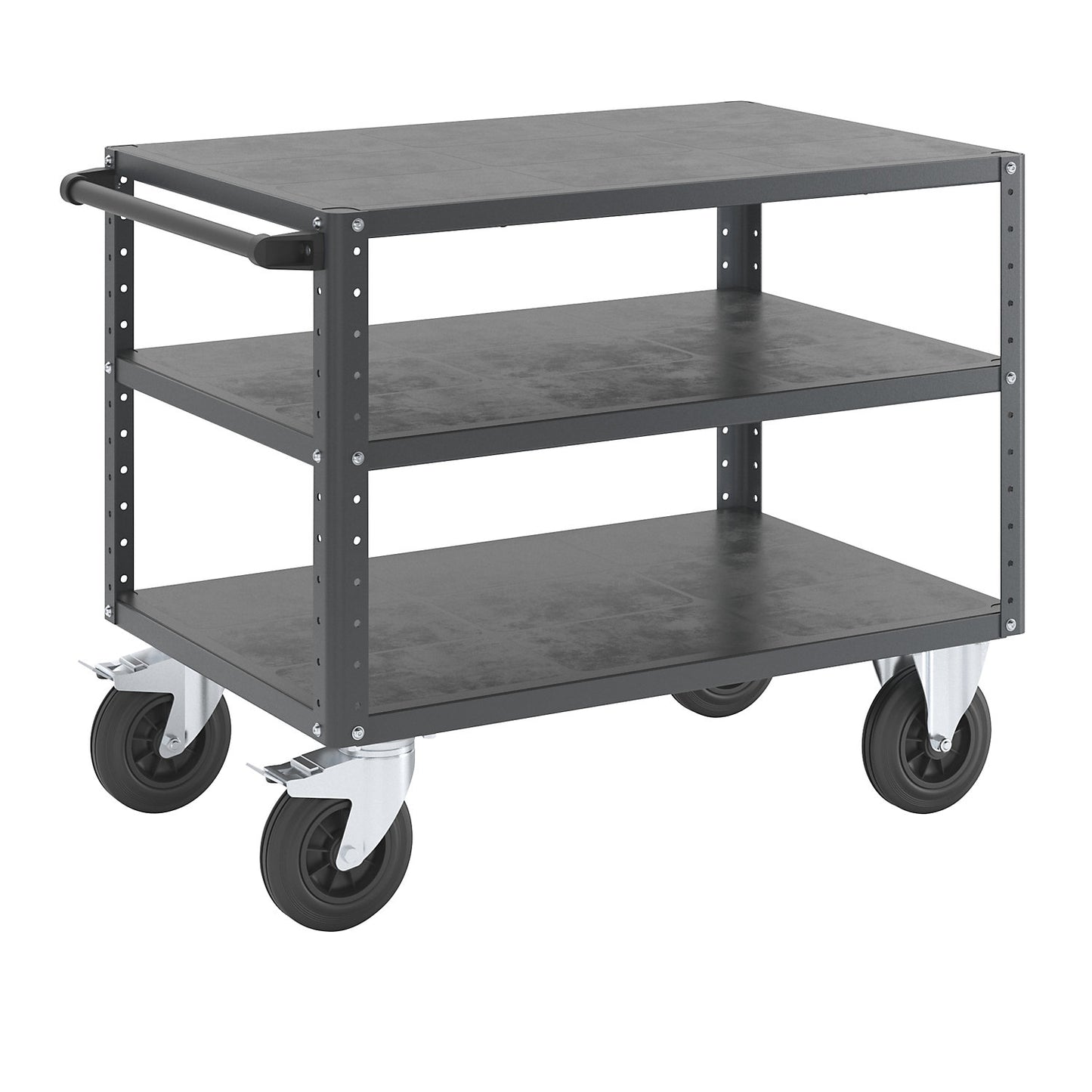 CustomLine assembly trolley, 3 shelves, charcoal, solid rubber tyres.