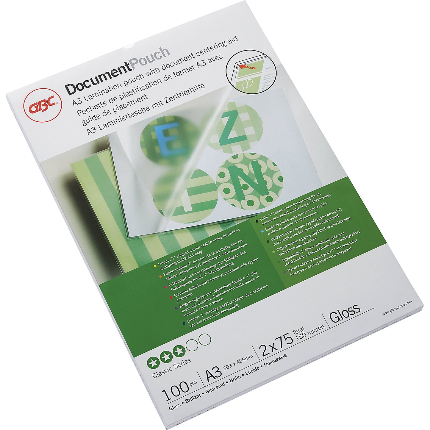 Laminating film, high gloss, film thickness 75 µm, pack of 100, for format A3.