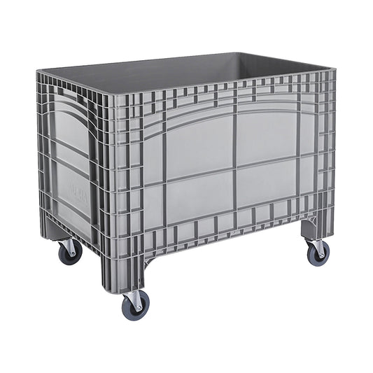 Pallet box, capacity 535 l, 4 swivel castors, 2 with wheel stops, grey.