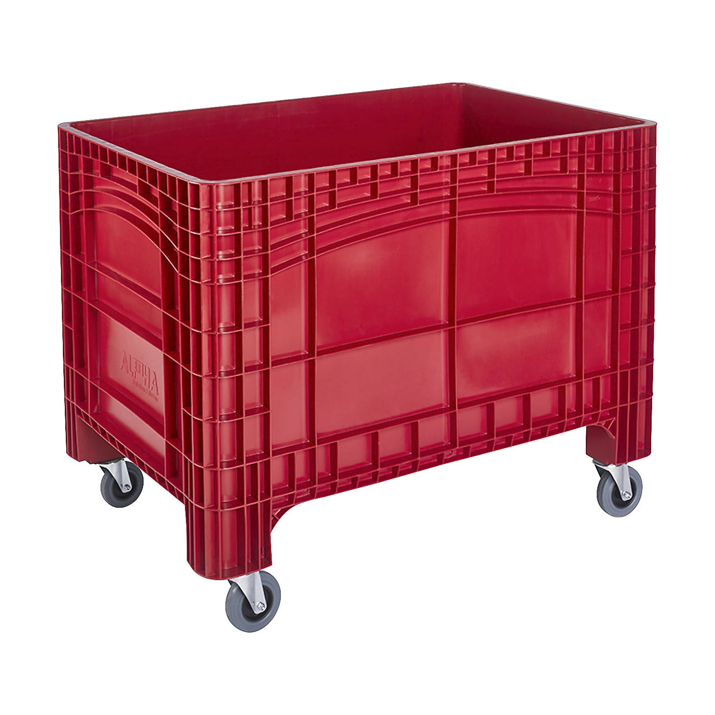 Pallet box, capacity 535 l, 4 swivel castors, 2 with wheel stops, red.