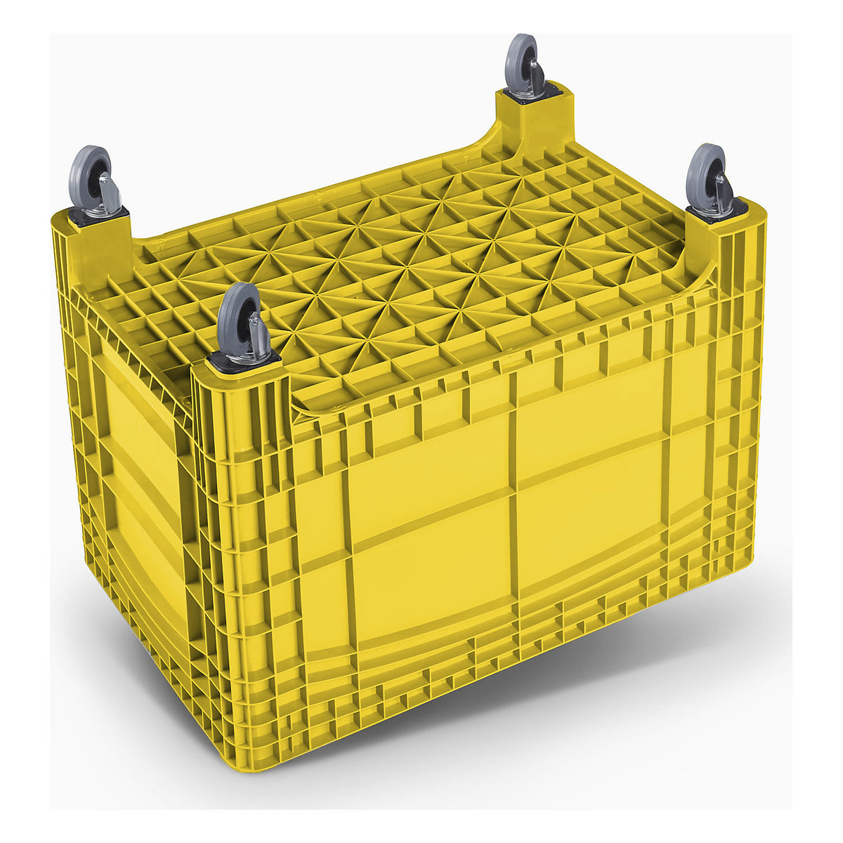 Pallet box, capacity 535 l, 4 swivel castors, 2 with wheel stops, yellow.