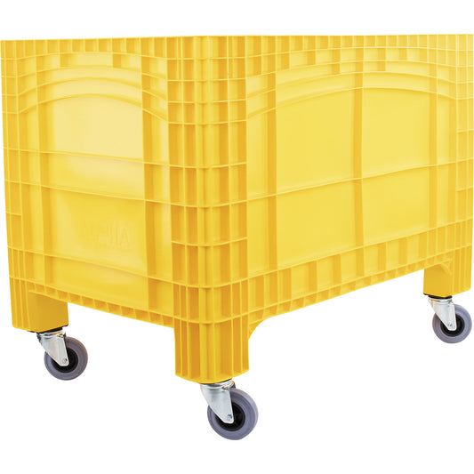 Pallet box, capacity 535 l, 4 swivel castors, 2 with wheel stops, yellow.
